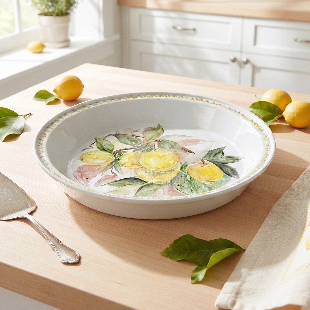 Hand Painted Ceramic Lemon Serving Bowl White Citrus Fruit Platter 11 inch